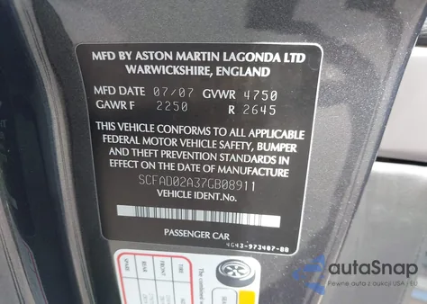 2007 Aston Martin Db9 Volante from USA, damaged, VIN SCFAD02A37GB08911